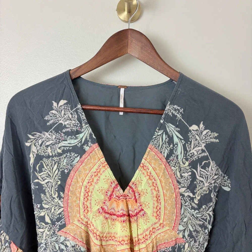 Free People Blouse Sunset Dreams XS Grey Boho Floral Bell Sleeve Earthy Hippie